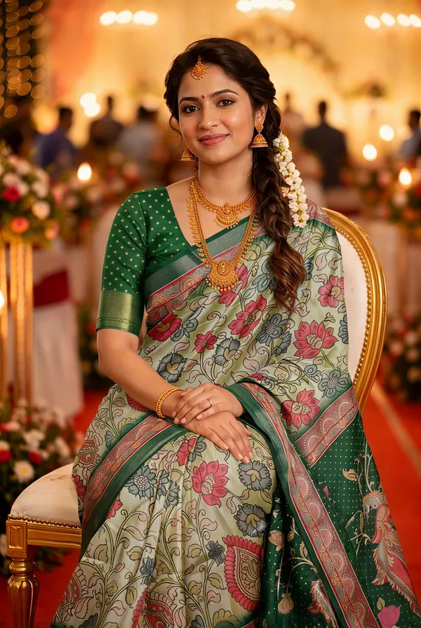 Shakti_Green_–_Powerful_Navratri_Special_|_Soft_Tussar_Silk_Saree_with_Digital_Print,_Border_&_Contrast_Print_Blouse_with_Tassels