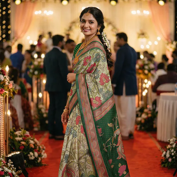 Shakti_Green_–_Powerful_Navratri_Special_|_Soft_Tussar_Silk_Saree_with_Digital_Print,_Border_&_Contrast_Print_Blouse_with_Tassels