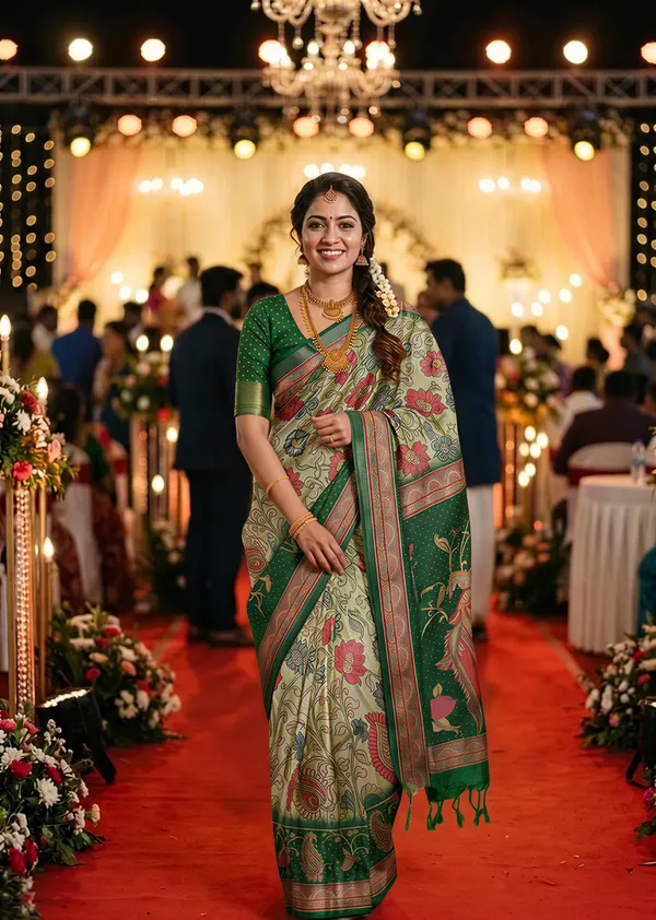 Shakti_Green_–_Powerful_Navratri_Special_|_Soft_Tussar_Silk_Saree_with_Digital_Print,_Border_&_Contrast_Print_Blouse_with_Tassels