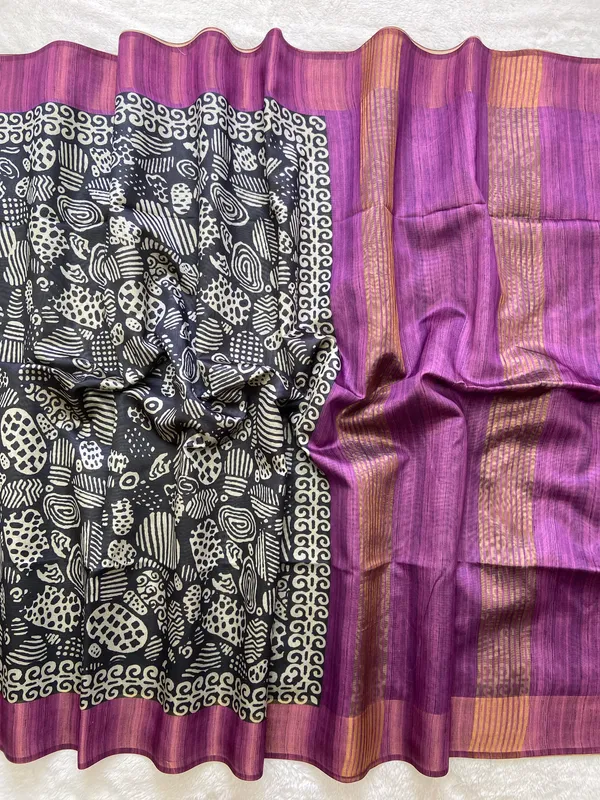 Deepali_Wine_–_Row_of_Lamps_Diwali_Special_|_Soft_Tussar_Silk_Saree_with_Print,_Border_&_Contrast_Print_Blouse_with_Tassels