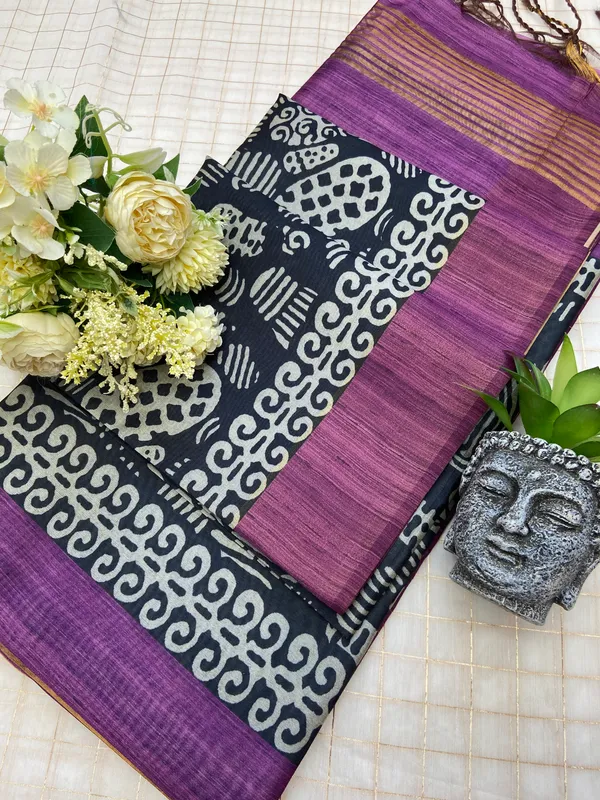 Deepali_Wine_–_Row_of_Lamps_Diwali_Special_|_Soft_Tussar_Silk_Saree_with_Print,_Border_&_Contrast_Print_Blouse_with_Tassels