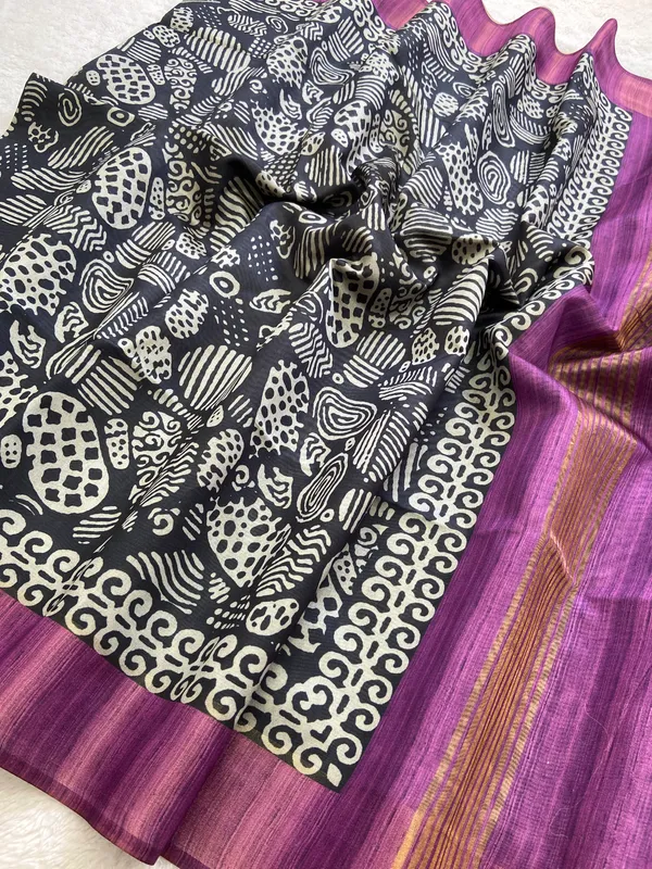 Deepali_Wine_–_Row_of_Lamps_Diwali_Special_|_Soft_Tussar_Silk_Saree_with_Print,_Border_&_Contrast_Print_Blouse_with_Tassels