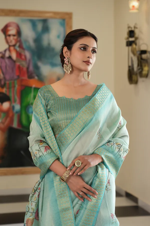 Aarohi_Rama_Green_–_Rising_Diwali_Special_|_Soft_Tissue_Silk_Saree_with_Digital_Print,_Border_&_Rich_Pallu,_Sequence_&_Contrast_Print_Blouse