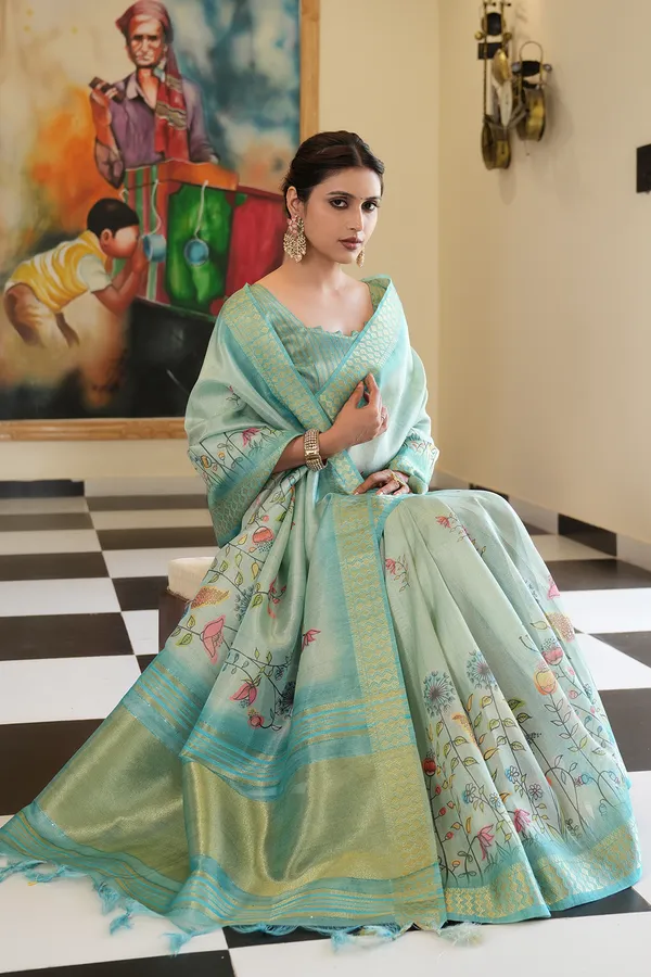 Aarohi_Rama_Green_–_Rising_Diwali_Special_|_Soft_Tissue_Silk_Saree_with_Digital_Print,_Border_&_Rich_Pallu,_Sequence_&_Contrast_Print_Blouse