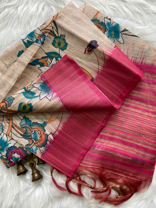 Kaveri_Pink_–_Navratri_Special_|_Soft_Tussar_Silk_Saree_with_Digital_Print,_Pallu_&_Zari_Border_&_Contrast_Digital_Print_Blouse_with_Tassels