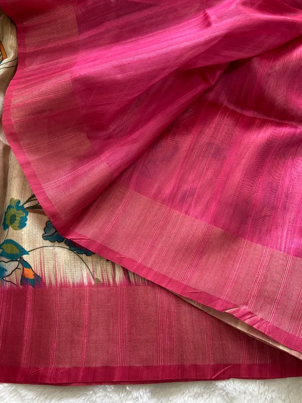 Kaveri_Pink_–_Navratri_Special_|_Soft_Tussar_Silk_Saree_with_Digital_Print,_Pallu_&_Zari_Border_&_Contrast_Digital_Print_Blouse_with_Tassels