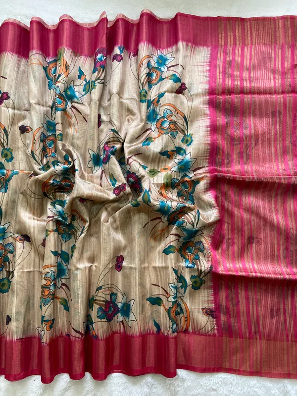 Kaveri_Pink_–_Navratri_Special_|_Soft_Tussar_Silk_Saree_with_Digital_Print,_Pallu_&_Zari_Border_&_Contrast_Digital_Print_Blouse_with_Tassels