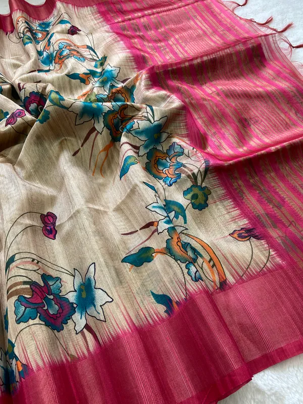 Kaveri_Pink_–_Navratri_Special_|_Soft_Tussar_Silk_Saree_with_Digital_Print,_Pallu_&_Zari_Border_&_Contrast_Digital_Print_Blouse_with_Tassels