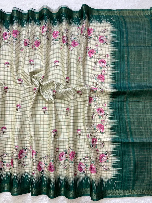 Shivani_Rama_Green_–_Checks_Design_Aesthetic_Edit_for_You_|_Soft_Tussar_Silk_Saree_with_Digital_Print,_Checks_Design_Saree_&_Digital_Print_Blouse