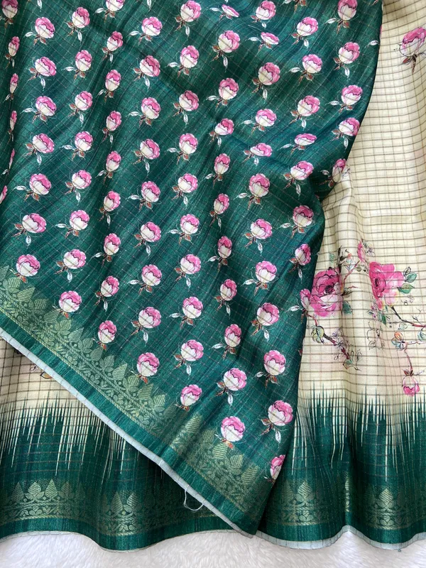 Shivani_Rama_Green_–_Checks_Design_Aesthetic_Edit_for_You_|_Soft_Tussar_Silk_Saree_with_Digital_Print,_Checks_Design_Saree_&_Digital_Print_Blouse