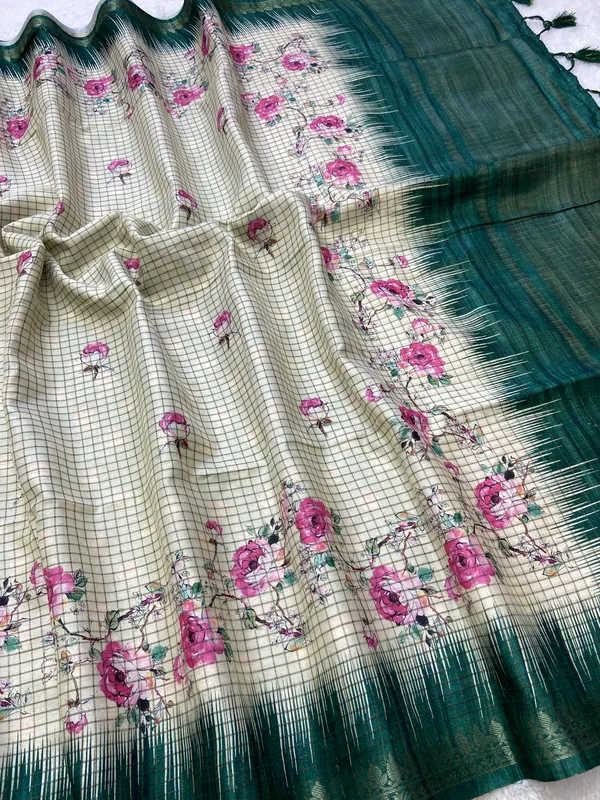 Shivani_Rama_Green_–_Checks_Design_Aesthetic_Edit_for_You_|_Soft_Tussar_Silk_Saree_with_Digital_Print,_Checks_Design_Saree_&_Digital_Print_Blouse