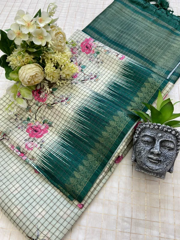 Shivani_Rama_Green_–_Checks_Design_Aesthetic_Edit_for_You_|_Soft_Tussar_Silk_Saree_with_Digital_Print,_Checks_Design_Saree_&_Digital_Print_Blouse