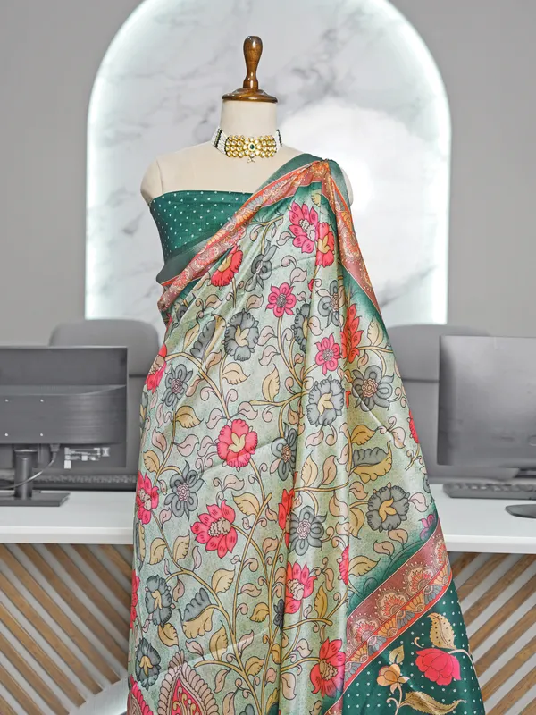 Soft_Tussar_Silk_sarees_with_Beautiful_Digital_Print_With_Attractive_Border_And_Contrast_Print_Blouse_With_Tassels