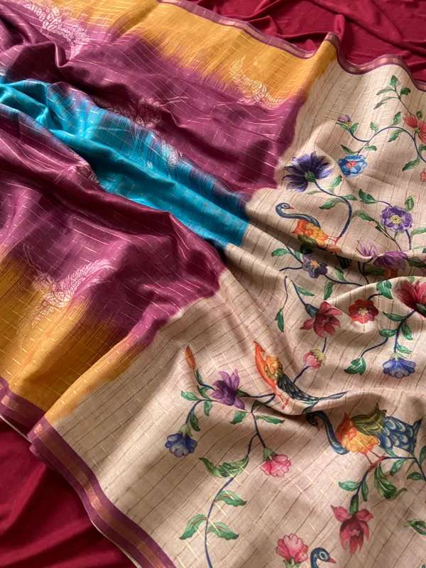 Soft_Semi_Tussar_Silk_sarees_with_Beautiful_Digital_Print_With_Attractive_Border_And_Contrast_Print_Blouse_With_Tassels