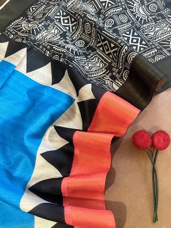 Anjali_Blue_–_Devotional_Navratri_Special_|_Soft_Tussar_Silk_Saree_with_Print,_Border_&_Contrast_Print_Blouse_with_Tassels