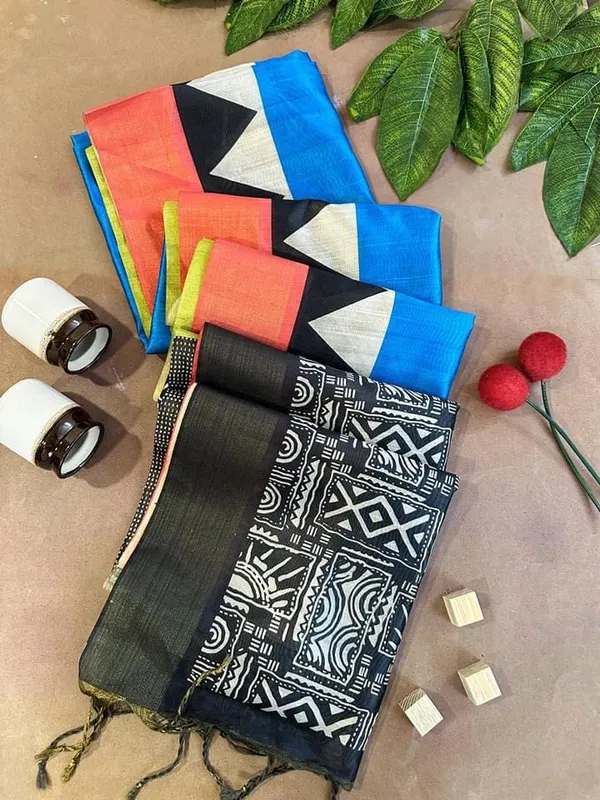 Anjali_Blue_–_Devotional_Navratri_Special_|_Soft_Tussar_Silk_Saree_with_Print,_Border_&_Contrast_Print_Blouse_with_Tassels