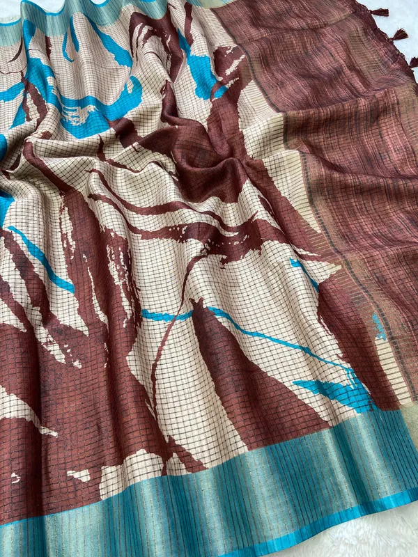 Aarathi_Coffee_Brown_&_Sky_Blue_–_Aarti_Glow_Diwali_Special_|_Soft_Tussar_Silk_Saree_with_Digital_Print,_Checks_Design_Saree_&_Digital_Print_Blouse