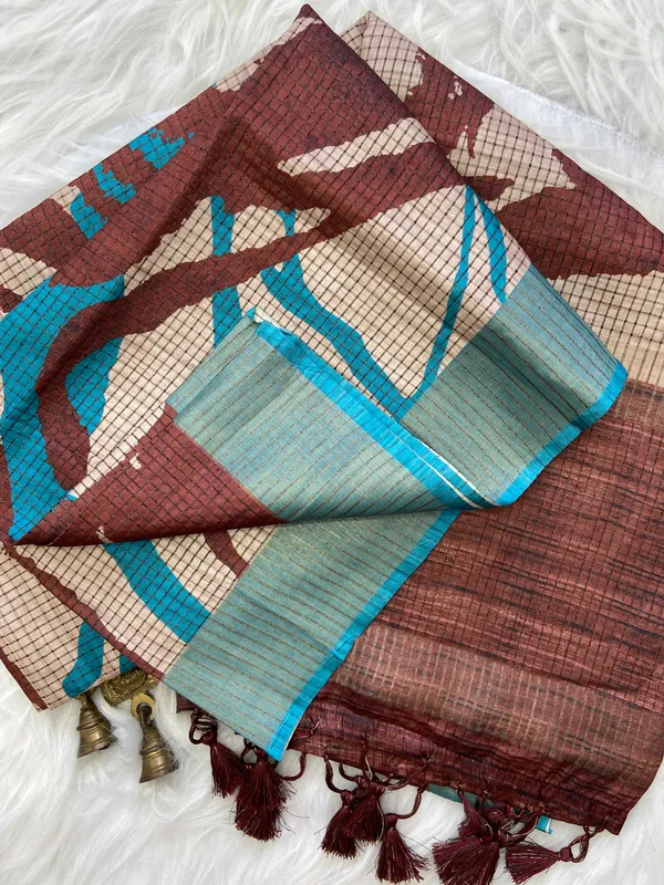 Aarathi_Coffee_Brown_&_Sky_Blue_–_Aarti_Glow_Diwali_Special_|_Soft_Tussar_Silk_Saree_with_Digital_Print,_Checks_Design_Saree_&_Digital_Print_Blouse