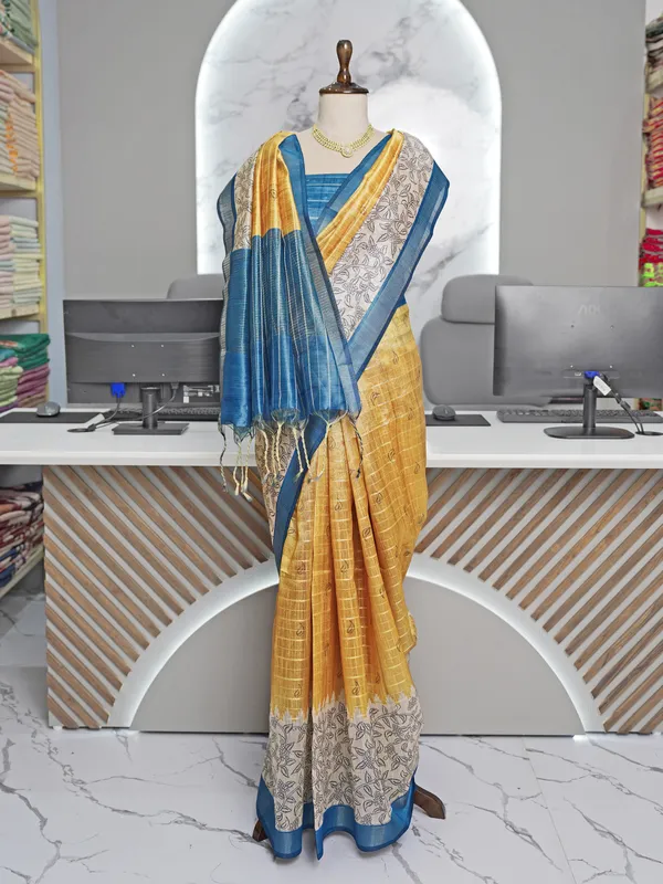 Soft_Semi_Tussar_Silk_sarees_with_Beautiful_Digital_Print_With_Attractive_Border_And_Contrast_Print_Blouse_With_Tassels
