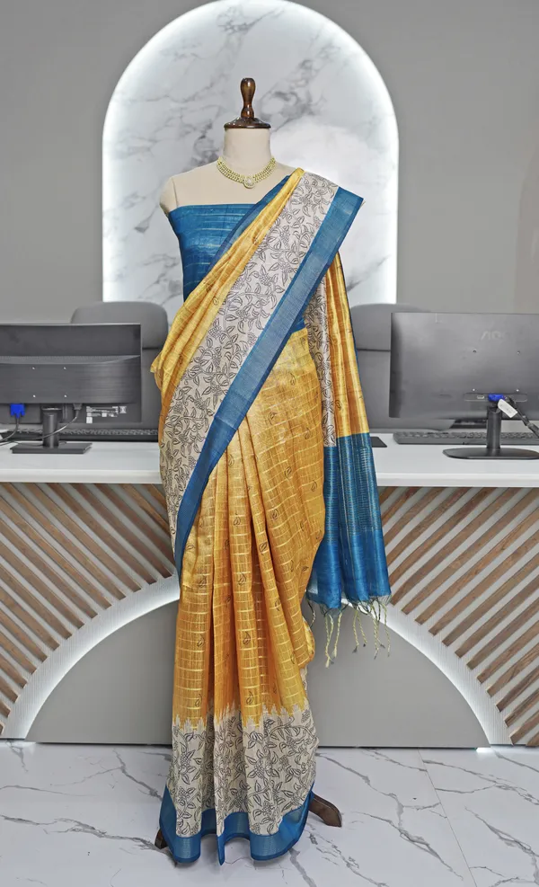 Soft_Semi_Tussar_Silk_sarees_with_Beautiful_Digital_Print_With_Attractive_Border_And_Contrast_Print_Blouse_With_Tassels