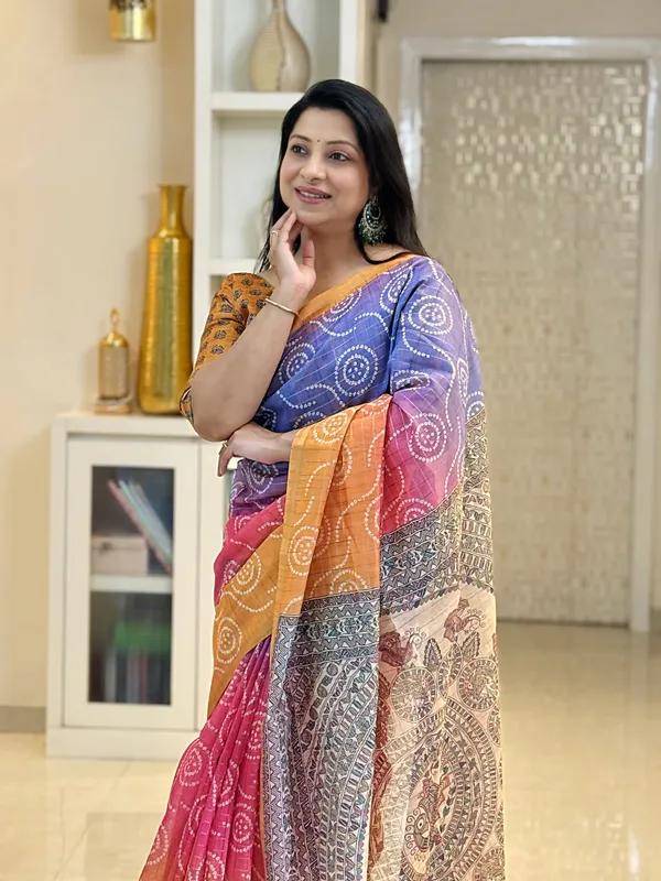 Soft_Semi_Tussar_Silk_sarees_with_Beautiful_Digital_Print_With_Attractive_Border_And_Contrast_Print_Blouse_With_Tassels