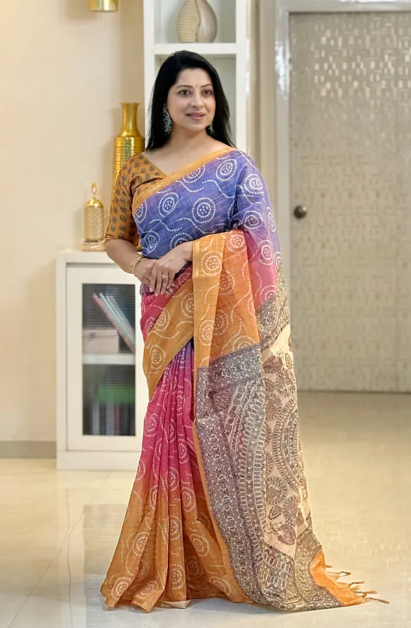 Soft_Semi_Tussar_Silk_sarees_with_Beautiful_Digital_Print_With_Attractive_Border_And_Contrast_Print_Blouse_With_Tassels