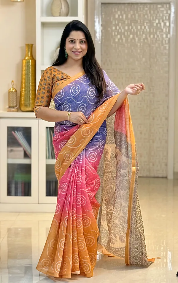 Soft_Semi_Tussar_Silk_sarees_with_Beautiful_Digital_Print_With_Attractive_Border_And_Contrast_Print_Blouse_With_Tassels