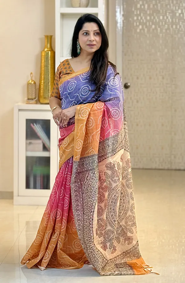 Soft_Semi_Tussar_Silk_sarees_with_Beautiful_Digital_Print_With_Attractive_Border_And_Contrast_Print_Blouse_With_Tassels