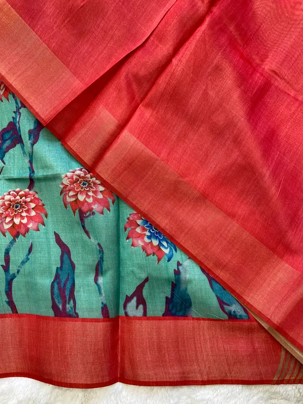 Soft_Tussar_Silk_sarees_with_Beautiful_Print_With_Attractive_Border_And_Contrast_Print_Blouse_With_Tassels