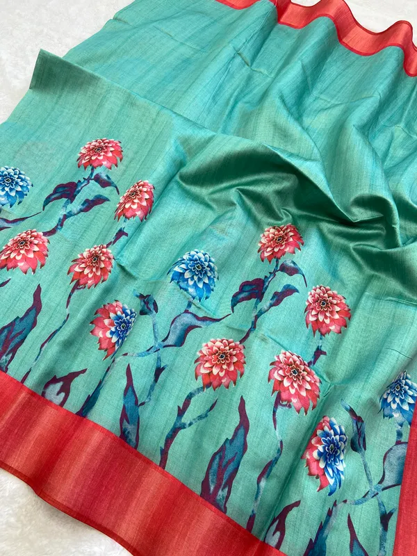Soft_Tussar_Silk_sarees_with_Beautiful_Print_With_Attractive_Border_And_Contrast_Print_Blouse_With_Tassels