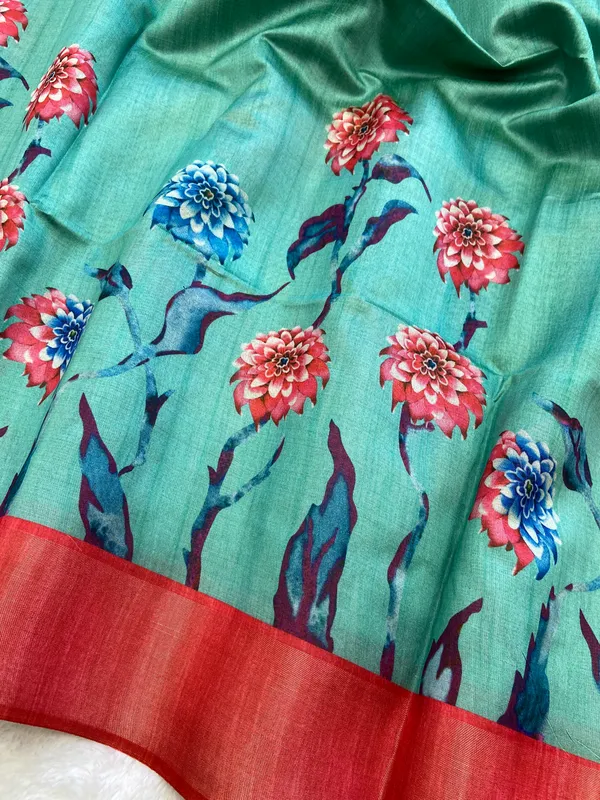 Soft_Tussar_Silk_sarees_with_Beautiful_Print_With_Attractive_Border_And_Contrast_Print_Blouse_With_Tassels