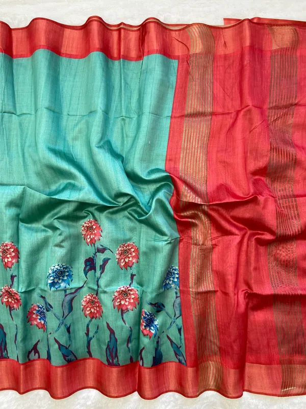 Soft_Tussar_Silk_sarees_with_Beautiful_Print_With_Attractive_Border_And_Contrast_Print_Blouse_With_Tassels