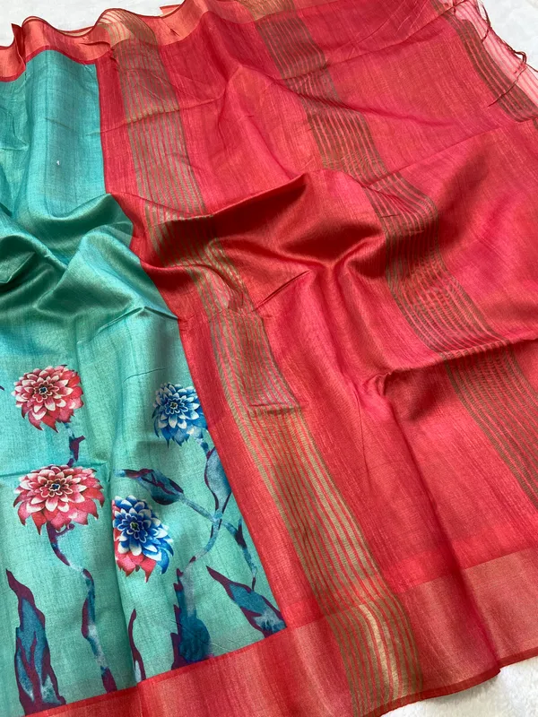 Soft_Tussar_Silk_sarees_with_Beautiful_Print_With_Attractive_Border_And_Contrast_Print_Blouse_With_Tassels