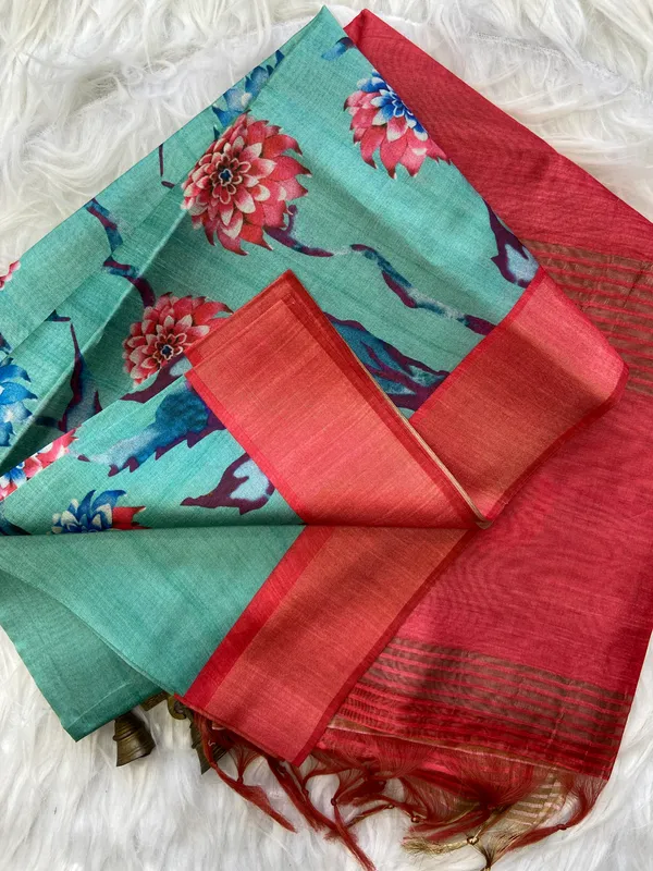 Soft_Tussar_Silk_sarees_with_Beautiful_Print_With_Attractive_Border_And_Contrast_Print_Blouse_With_Tassels
