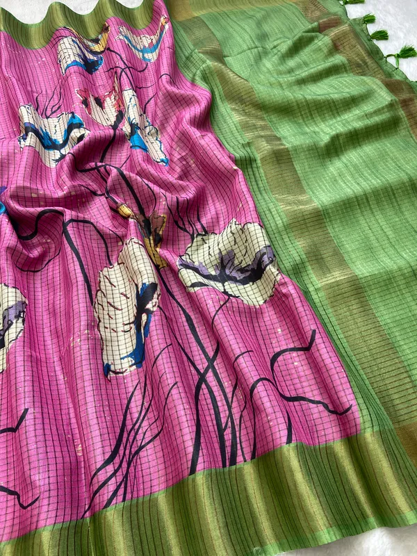 Purna_Pink_–_Complete_Aesthetic_Edit_for_You_|_Soft_Tussar_Silk_Saree_with_Digital_Print,_Checks_Design_Saree_&_Digital_Print_Blouse_with_Tassels