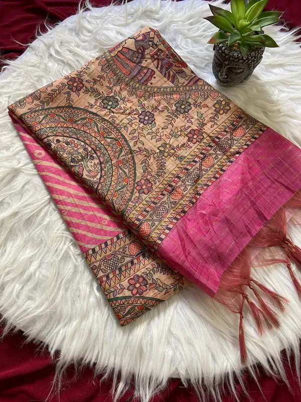Soft_Semi_Tussar_Silk_sarees_with_Beautiful_Digital_Print_With_Attractive_Border_And_Contrast_Print_Blouse_With_Tassels