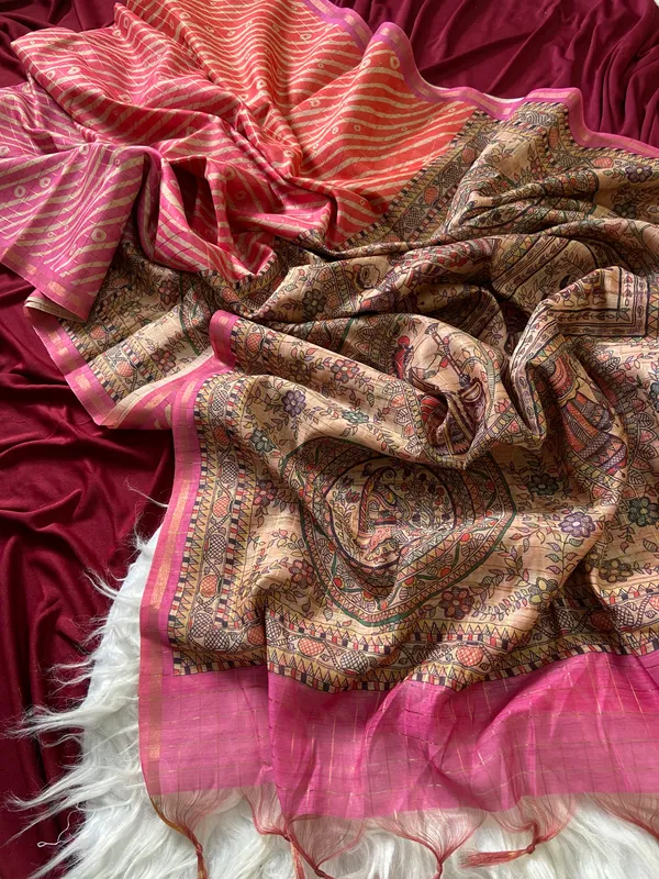 Soft_Semi_Tussar_Silk_sarees_with_Beautiful_Digital_Print_With_Attractive_Border_And_Contrast_Print_Blouse_With_Tassels