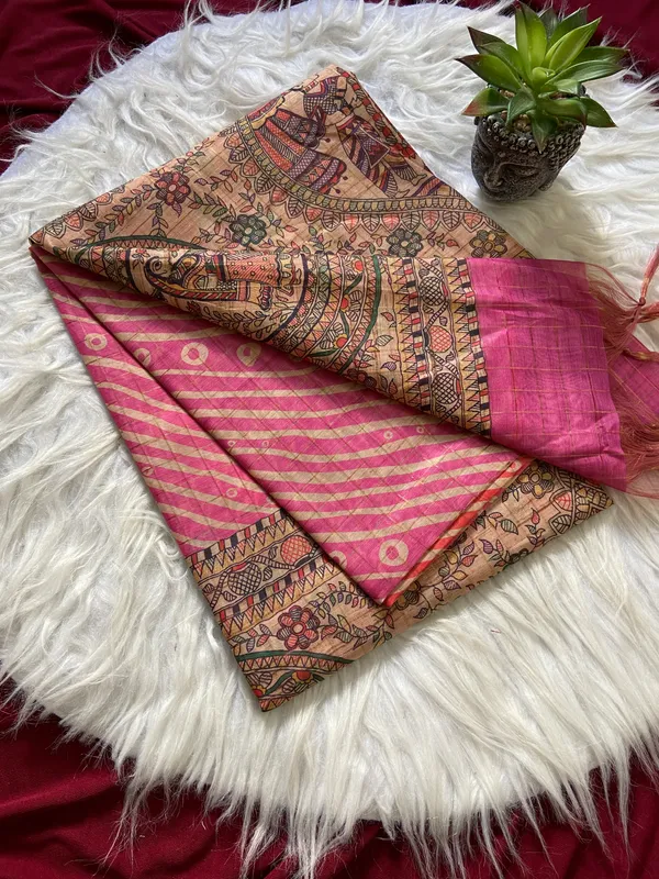 Soft_Semi_Tussar_Silk_sarees_with_Beautiful_Digital_Print_With_Attractive_Border_And_Contrast_Print_Blouse_With_Tassels