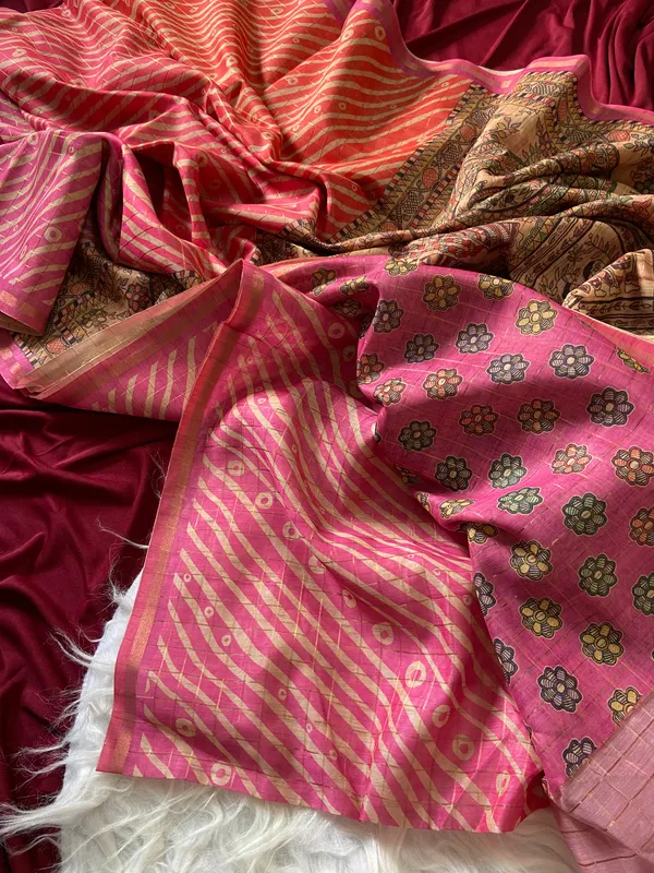 Soft_Semi_Tussar_Silk_sarees_with_Beautiful_Digital_Print_With_Attractive_Border_And_Contrast_Print_Blouse_With_Tassels