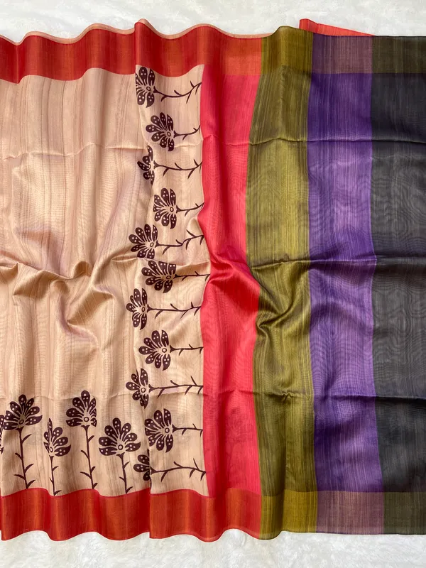 Ziana_Pink_–_Navratri_Special_|_Soft_Tussar_Silk_Saree_with_Print,_Border_&_Contrast_Print_Blouse_with_Tassels