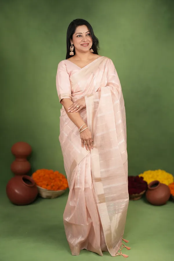 Soft_Linen_Cotton_Silk_sarees_with_Beautiful_Weaving__Zari_Butti_Design_With_Attractive_Border_&_Rich_Pallu__And_Running__Plain_Blouse_With_Tassels