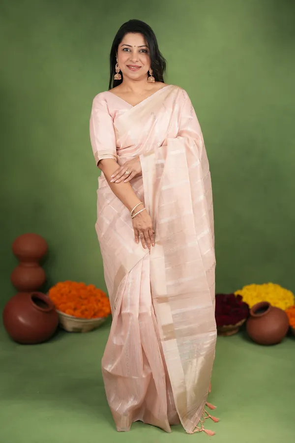 Soft_Linen_Cotton_Silk_sarees_with_Beautiful_Weaving__Zari_Butti_Design_With_Attractive_Border_&_Rich_Pallu__And_Running__Plain_Blouse_With_Tassels