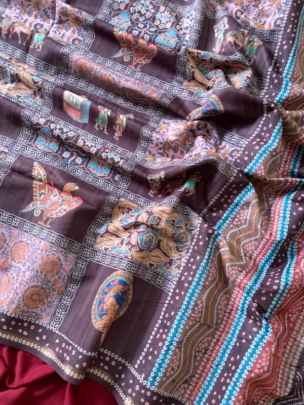 Soft_Tussar_Silk_sarees_with_Beautiful_Digital_Print_With_Attractive_Border_And_Contrast_Print_Blouse_With_Tassels