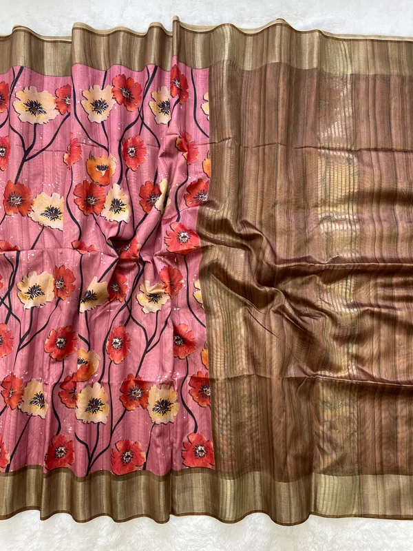 Arunima_Coffee_Brown_–_Dawn_Blush_Aesthetic_Edit_for_You_|_Soft_Tussar_Silk_Saree_with_Print,_Border_&_Contrast_Print_Blouse_with_Tassels