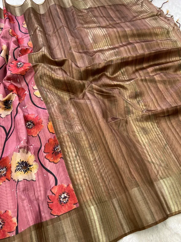 Arunima_Coffee_Brown_–_Dawn_Blush_Aesthetic_Edit_for_You_|_Soft_Tussar_Silk_Saree_with_Print,_Border_&_Contrast_Print_Blouse_with_Tassels