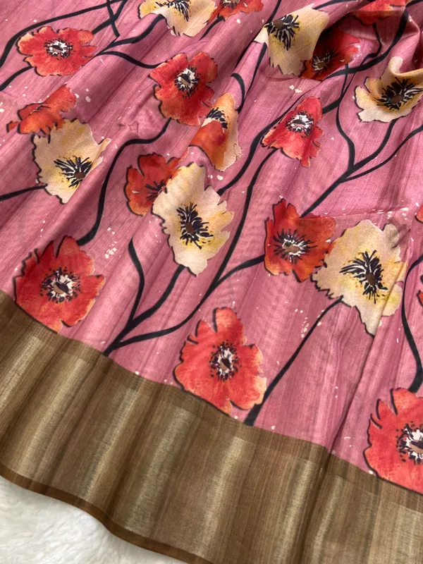 Arunima_Coffee_Brown_–_Dawn_Blush_Aesthetic_Edit_for_You_|_Soft_Tussar_Silk_Saree_with_Print,_Border_&_Contrast_Print_Blouse_with_Tassels
