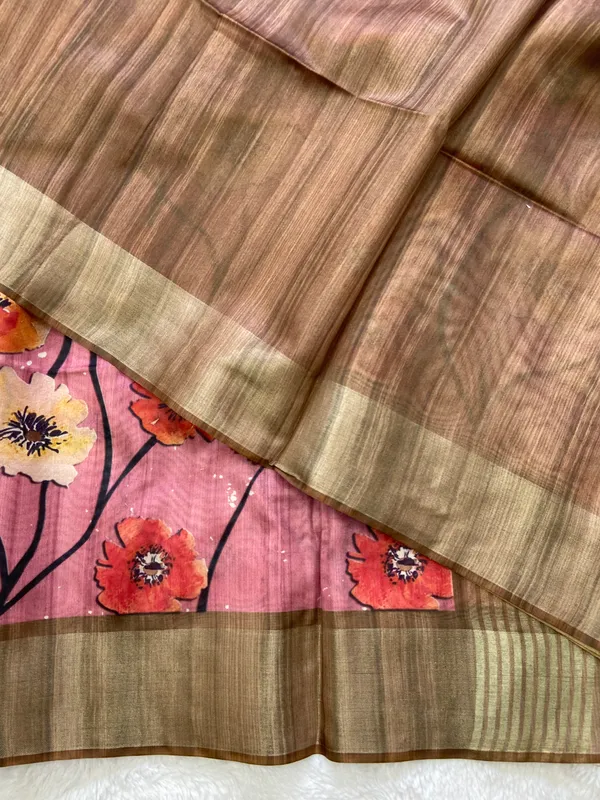 Arunima_Coffee_Brown_–_Dawn_Blush_Aesthetic_Edit_for_You_|_Soft_Tussar_Silk_Saree_with_Print,_Border_&_Contrast_Print_Blouse_with_Tassels