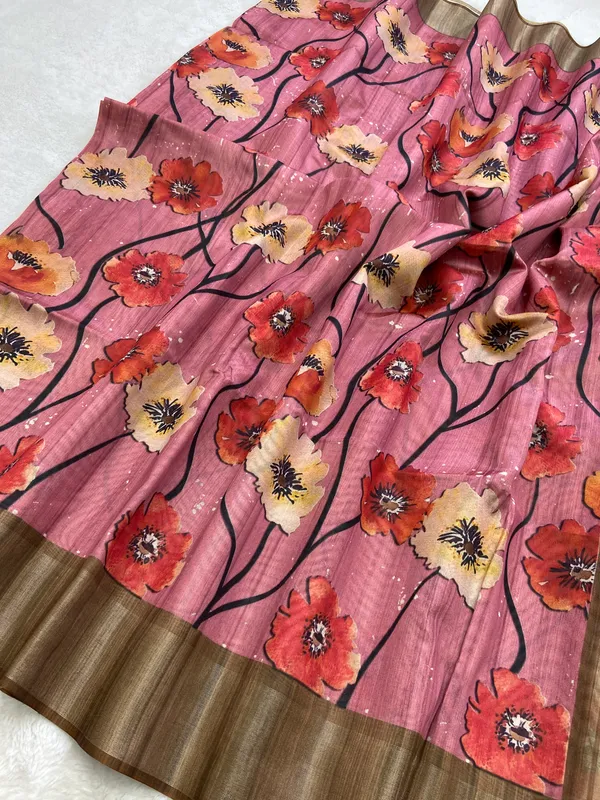 Arunima_Coffee_Brown_–_Dawn_Blush_Aesthetic_Edit_for_You_|_Soft_Tussar_Silk_Saree_with_Print,_Border_&_Contrast_Print_Blouse_with_Tassels