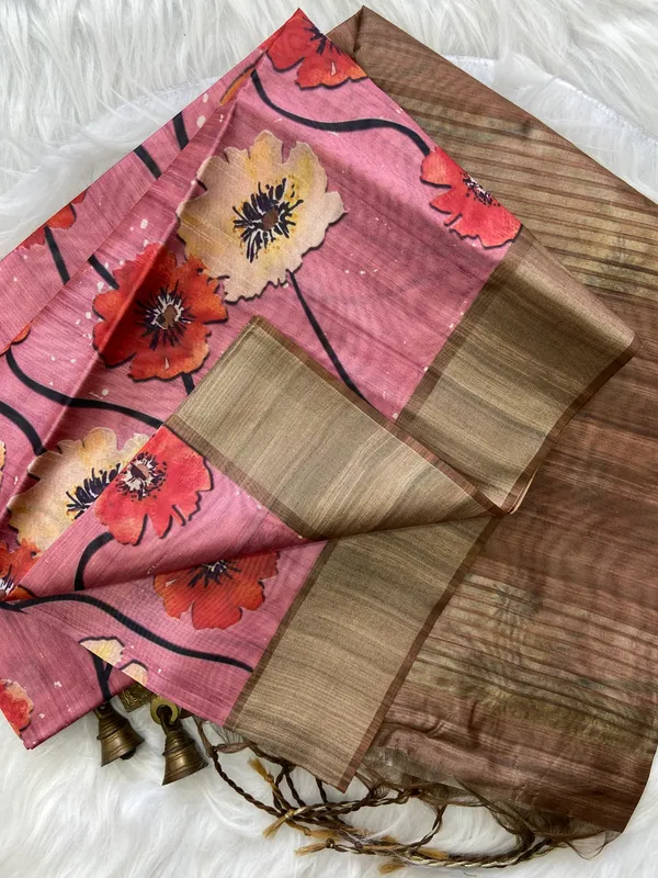Arunima_Coffee_Brown_–_Dawn_Blush_Aesthetic_Edit_for_You_|_Soft_Tussar_Silk_Saree_with_Print,_Border_&_Contrast_Print_Blouse_with_Tassels