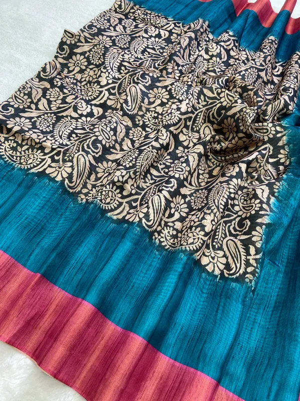 Mirza_Pink_&_Rama_Green_–_Festive_Season_Special_|_Soft_Tussar_Silk_Saree_with_Print,_Border_&_Contrast_Print_Blouse_with_Tassels